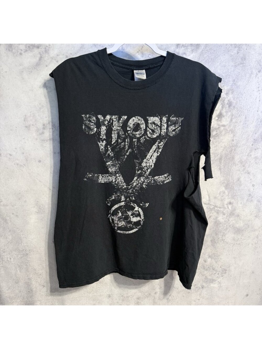 Vintage Sykosis Band T Shirt Mens Large L Distressed Cut Off Black Metal